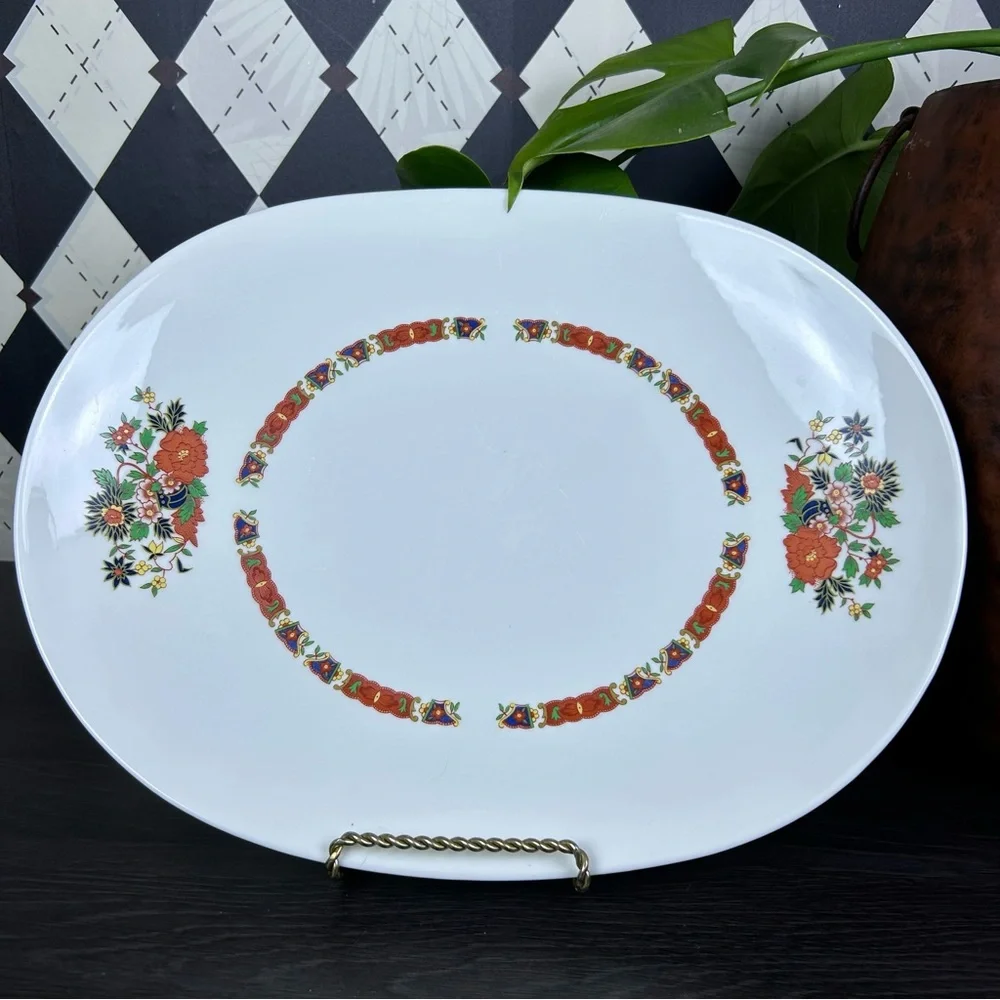 Vintage 15 Inch Platter Oval Serving Piece Transferware‎ Red Blue Border Floral